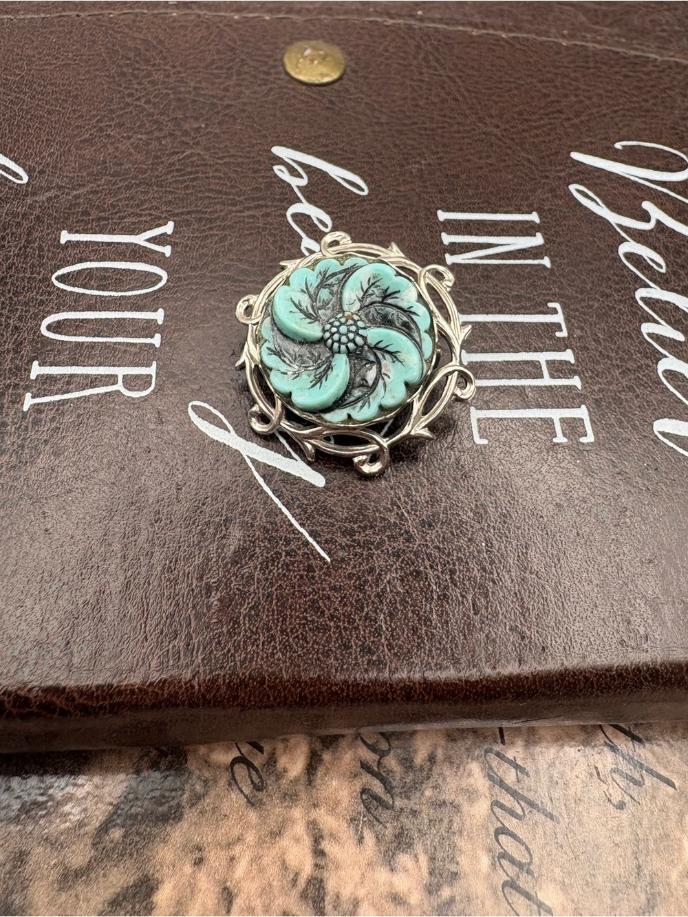 Vintage Turquoise Blue Floral Filigree Brooch Silver Tone Pin - Picture 2 of 4